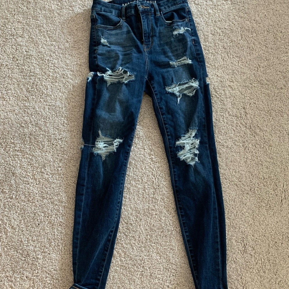 American Eagle Outfitters Dark Blue Distressed Curvy High Rise Jegging